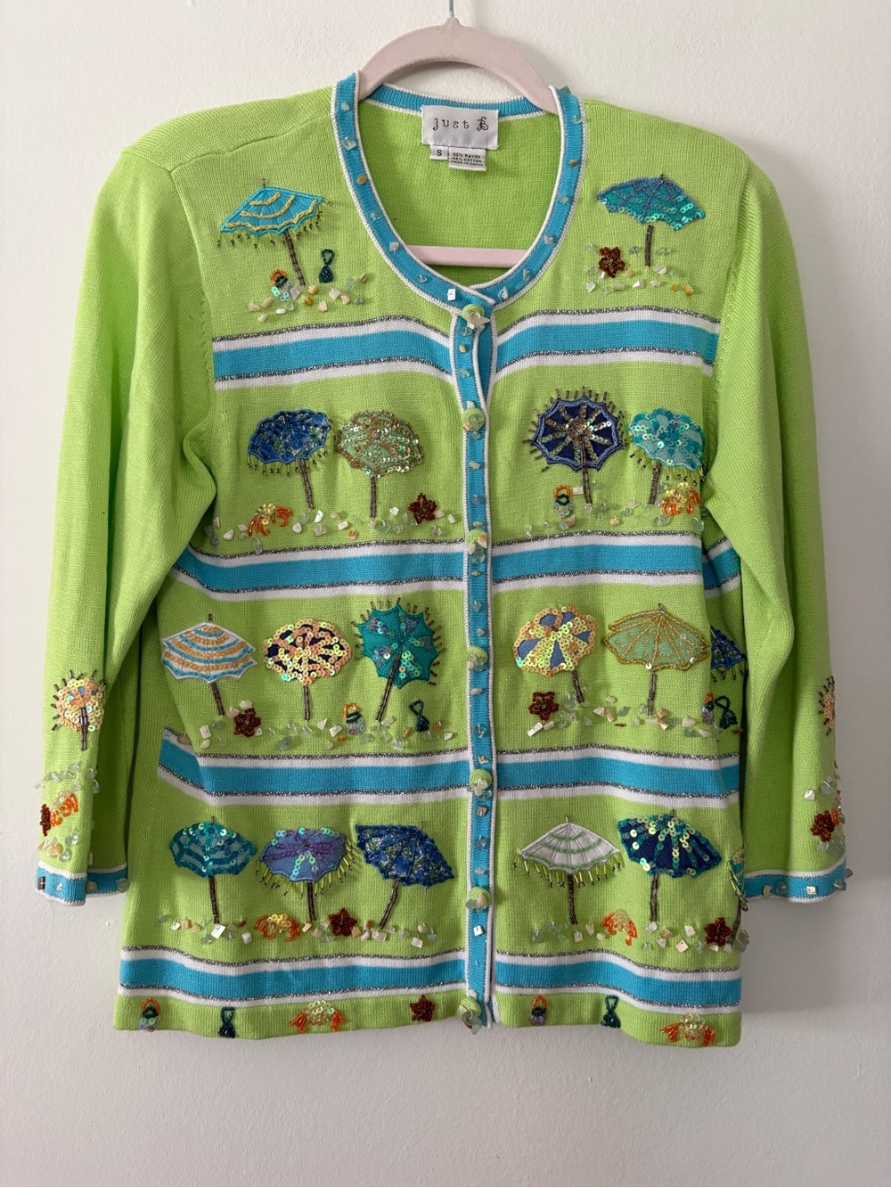 Just B Women’s Small Lime Green Cardigan Beach Umbrella Sequin Beaded Sweater